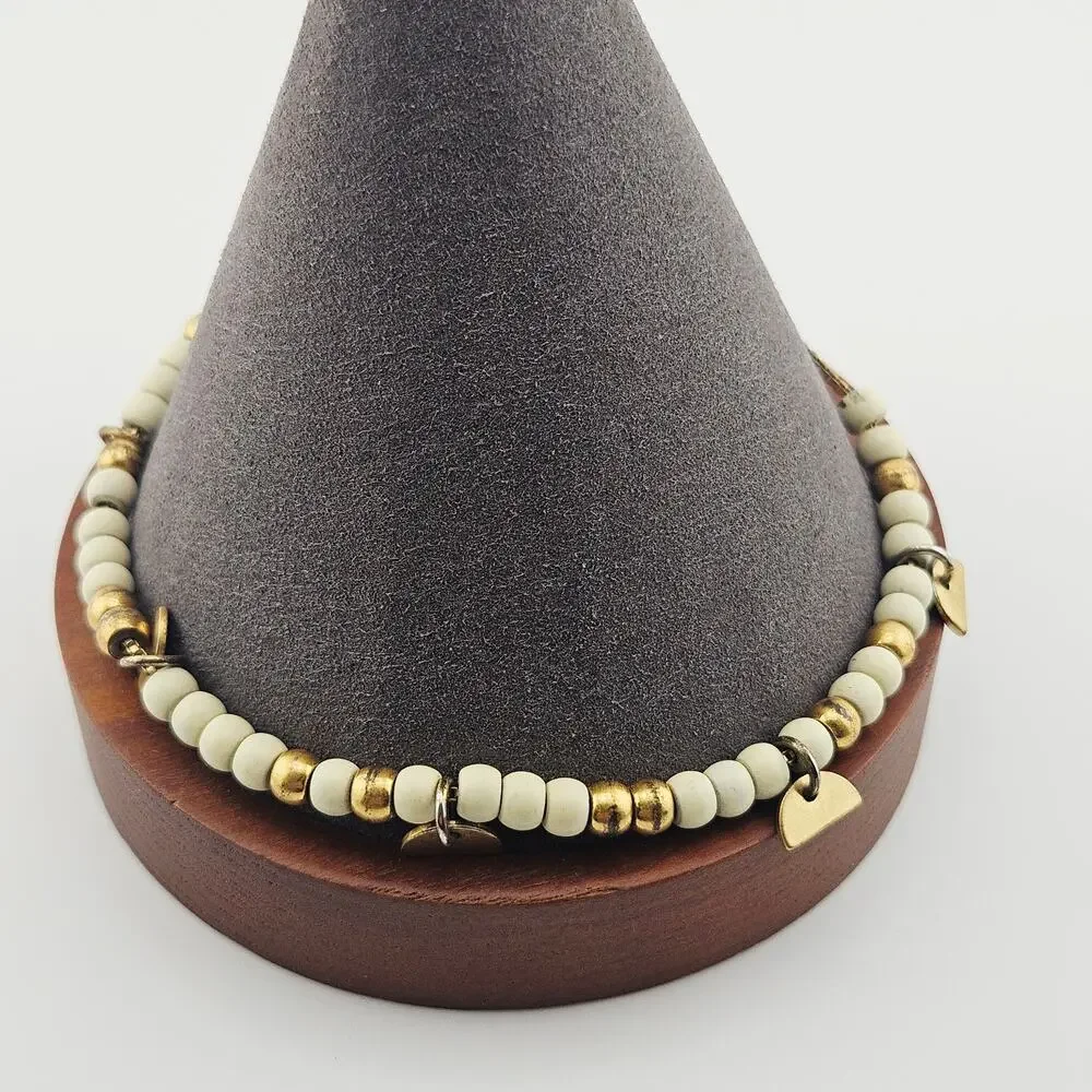 Gold Tone & White Beaded Adjustable Bracelet Stackable Simple Boho Artsy